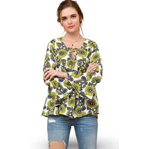 Entro Sunflower Print Lace Up Peplum Top Blouse‎ Bell Sleeve Womens Size S